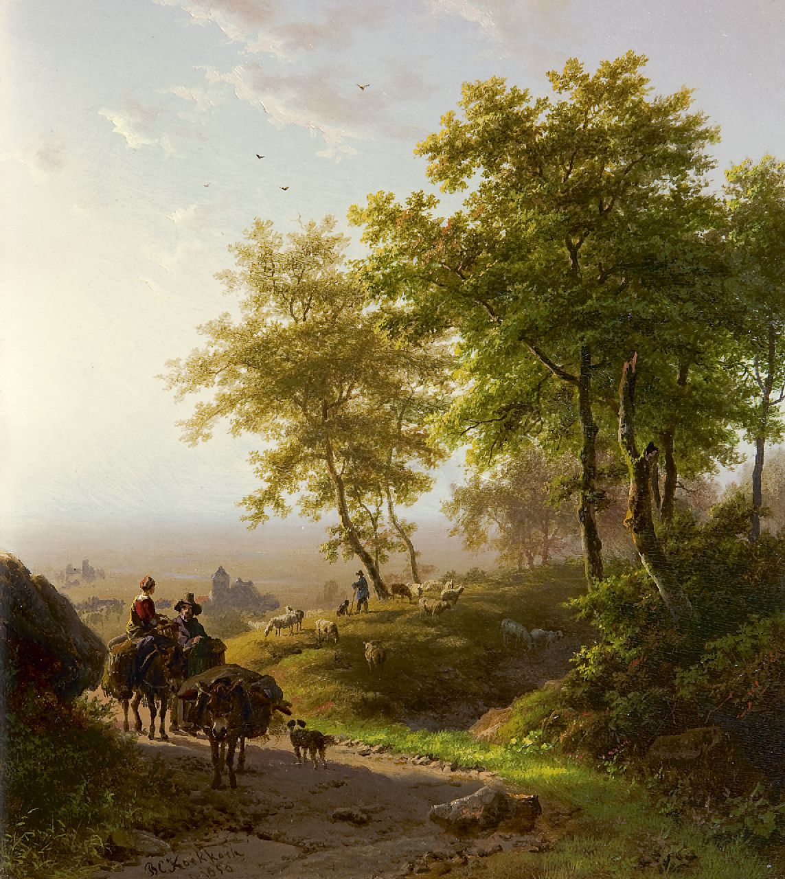 Koekkoek B.C.  | Barend Cornelis Koekkoek, Baumreiche Landschaft in Morgenstunde, Öl auf Holz 24,1 x 21,4 cm, Unterzeichnet l.u. und datiert 1850