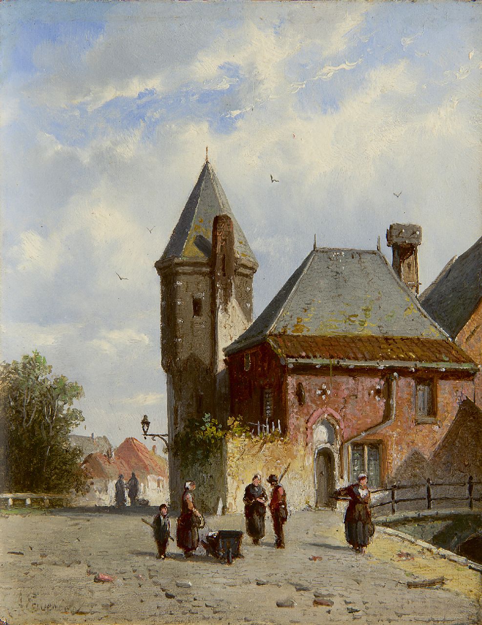 Eversen A.  | Adrianus Eversen, A sunny quai with figures and the Koppelpoort, Amersfoort, Öl auf Holz 19,3 x 15,0 cm, signed l.l. and on a label on the reverse