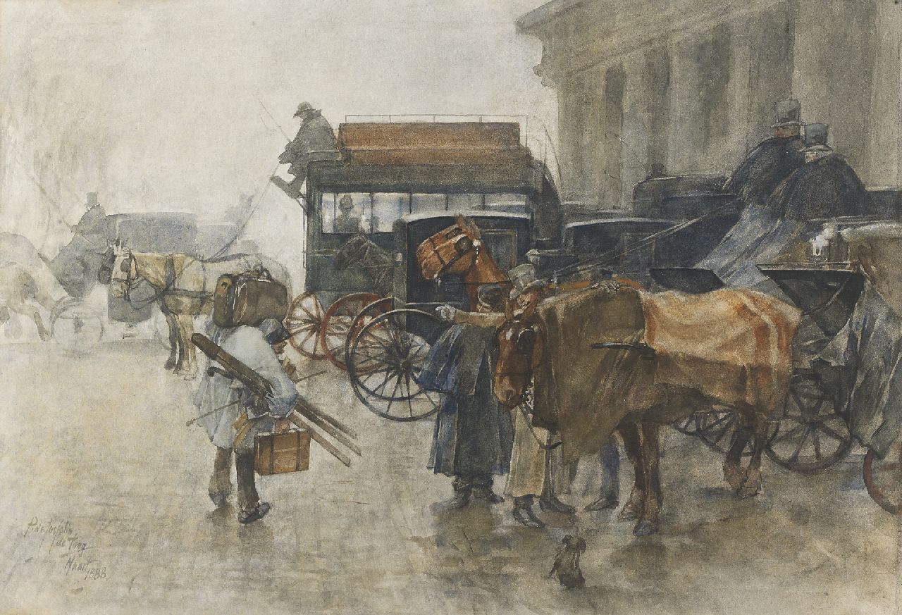 Pieter de Josselin de Jong | Kutschen am Bahnhof Hollandse Spoor, Haag, Aquarell auf Papier, 41,0 x 58,0 cm, Unterzeichnet l.u. und datiert März 1888