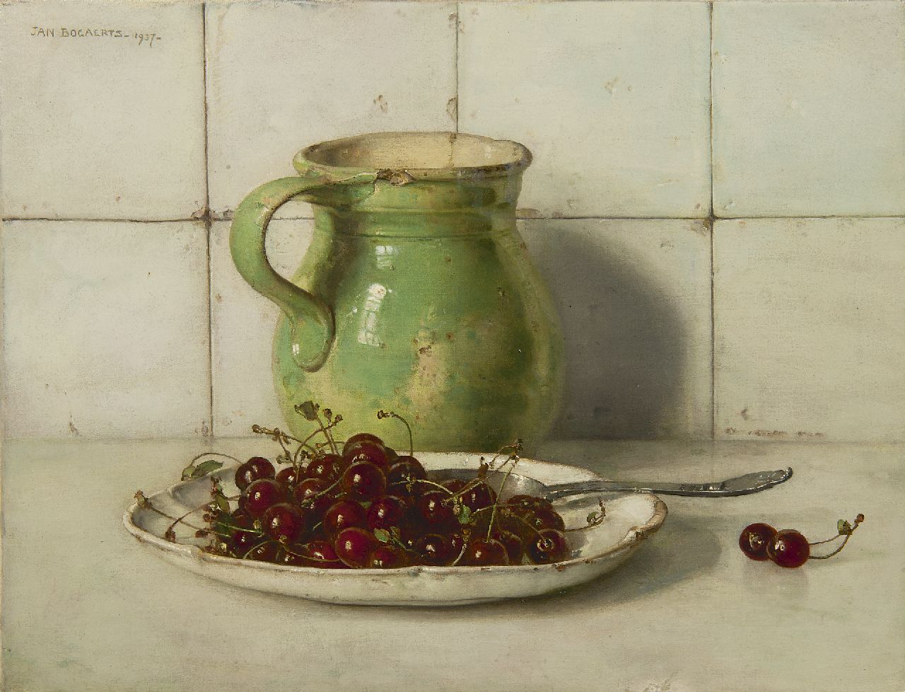 Bogaerts J.J.M.  | Johannes Jacobus Maria 'Jan' Bogaerts, Still life with cherries and stoneware can, Öl auf Leinwand 35,3 x 46,0 cm, signed u.l. und dated 1937