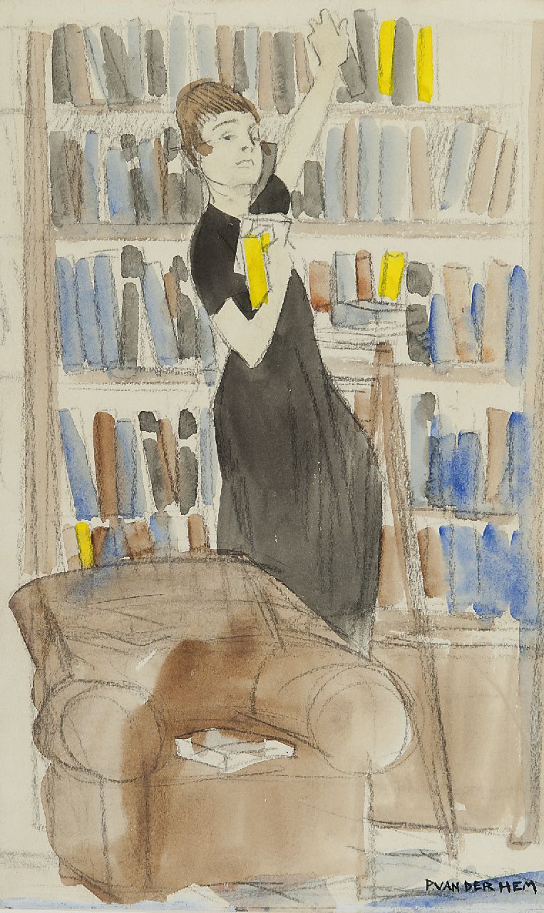 Hem P. van der | Pieter 'Piet' van der Hem, The librarian, Kreide und Aquarell auf Papier 33,4 x 20,0 cm, signed l.r.