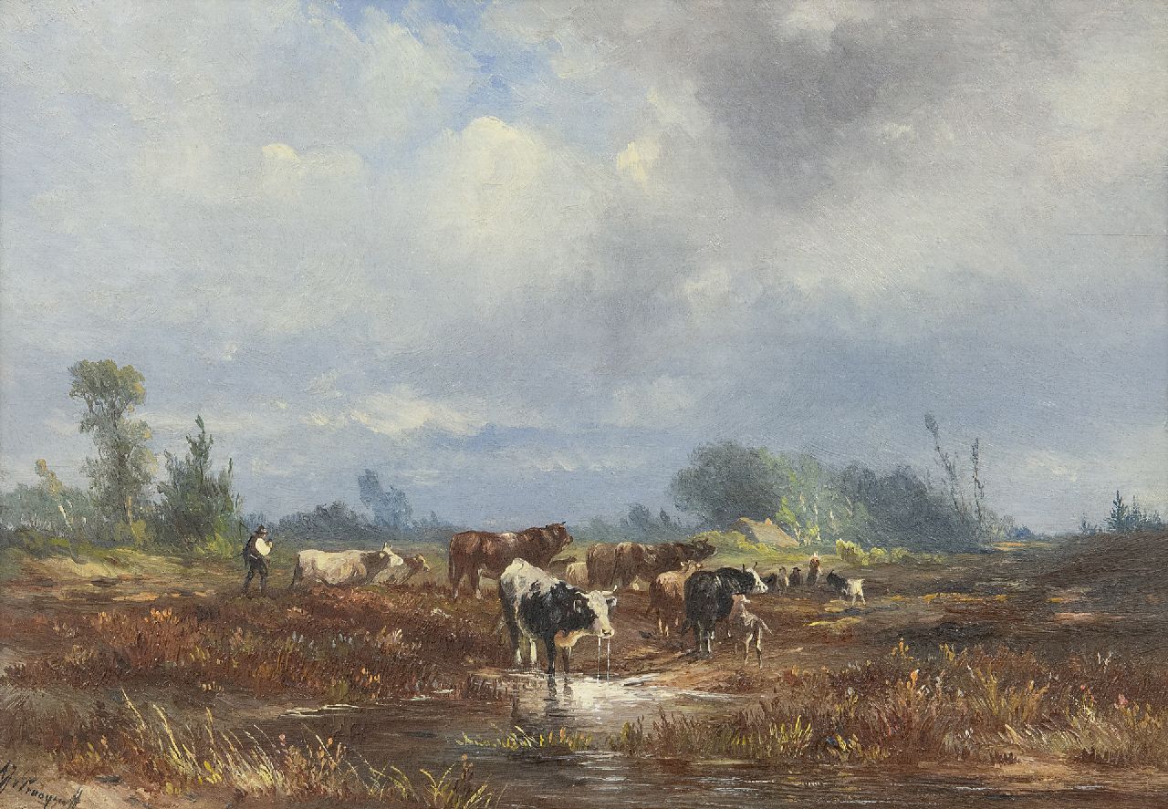 Prooijen A.J. van | Albert Jurardus van Prooijen | Gemälde zum Verkauf angeboten | Heidelandschaft mit Hirten und Vieh, Öl auf Holz 19,7 x 28,5 cm, Unterzeichnet l.u.