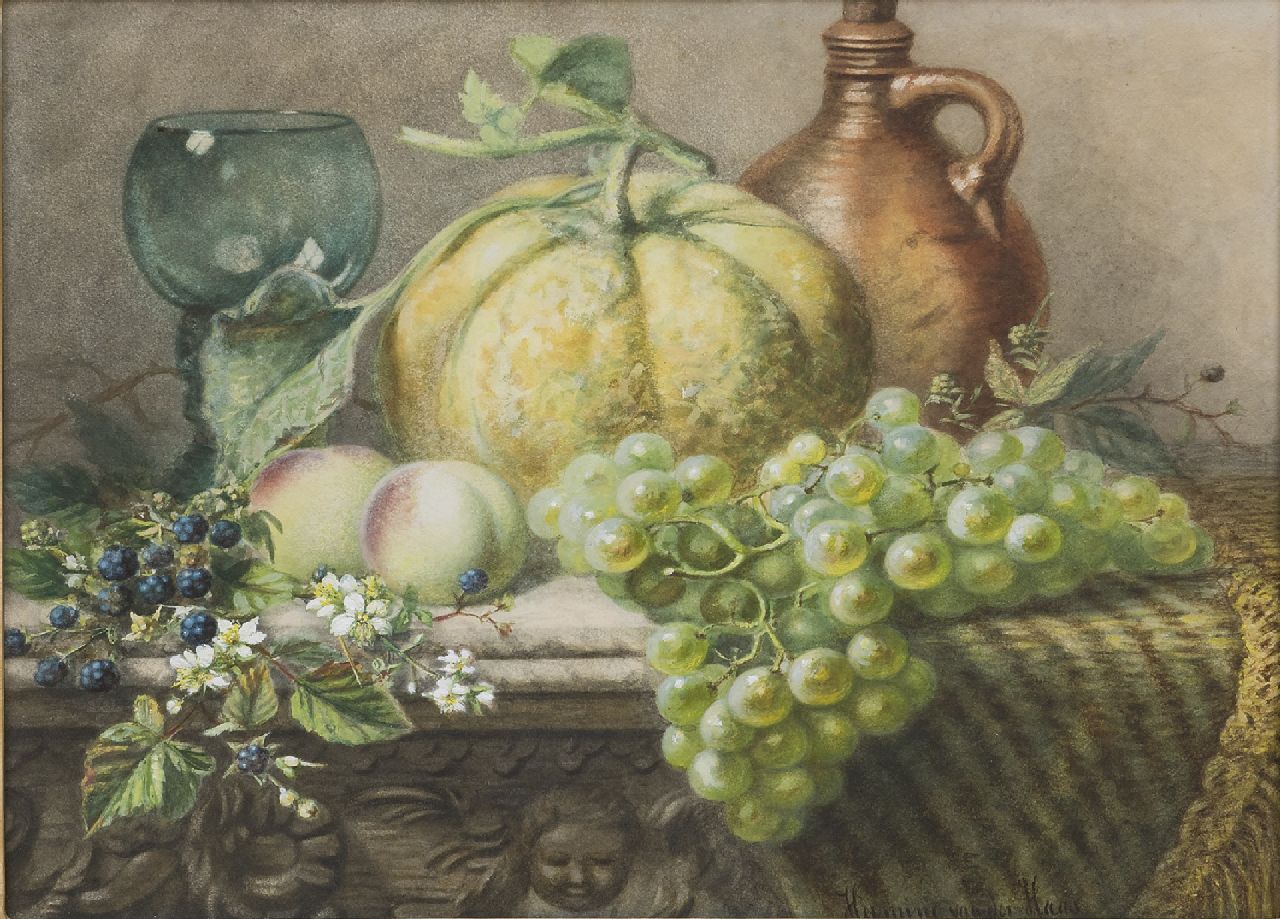 Hermina van der Haas | Stilleben mit Obst und einem Römer, Aquarell auf Papier, 39,1 x 48,8 cm, Unterzeichnet r.u.