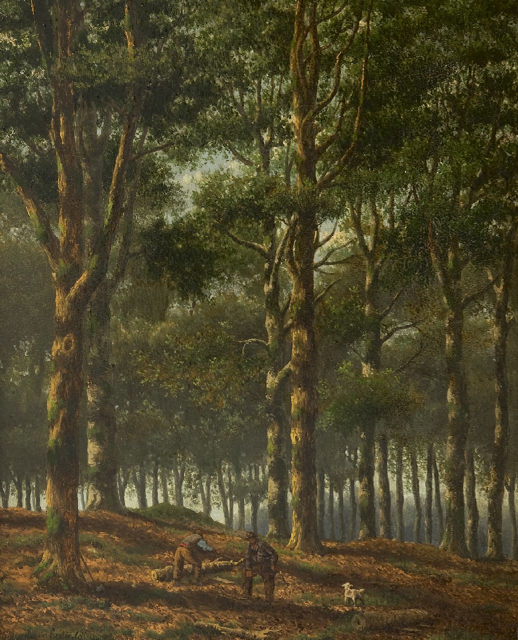 Samuel Henri Mendes da Costa | Waldansicht mit Forstmeistern, Öl auf Holz, 34,6 x 28,3 cm, Unterzeichnet l.u.
