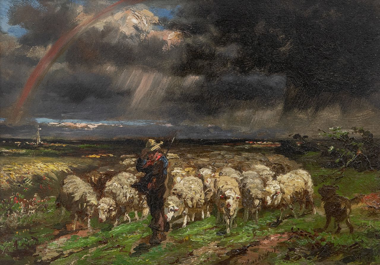 Franse School | Schafsherde, fliehend vor dem Gewitter/Regenboog, Öl auf Holz, 18,7 x 27,0 cm, Unterzeichnet c.r.