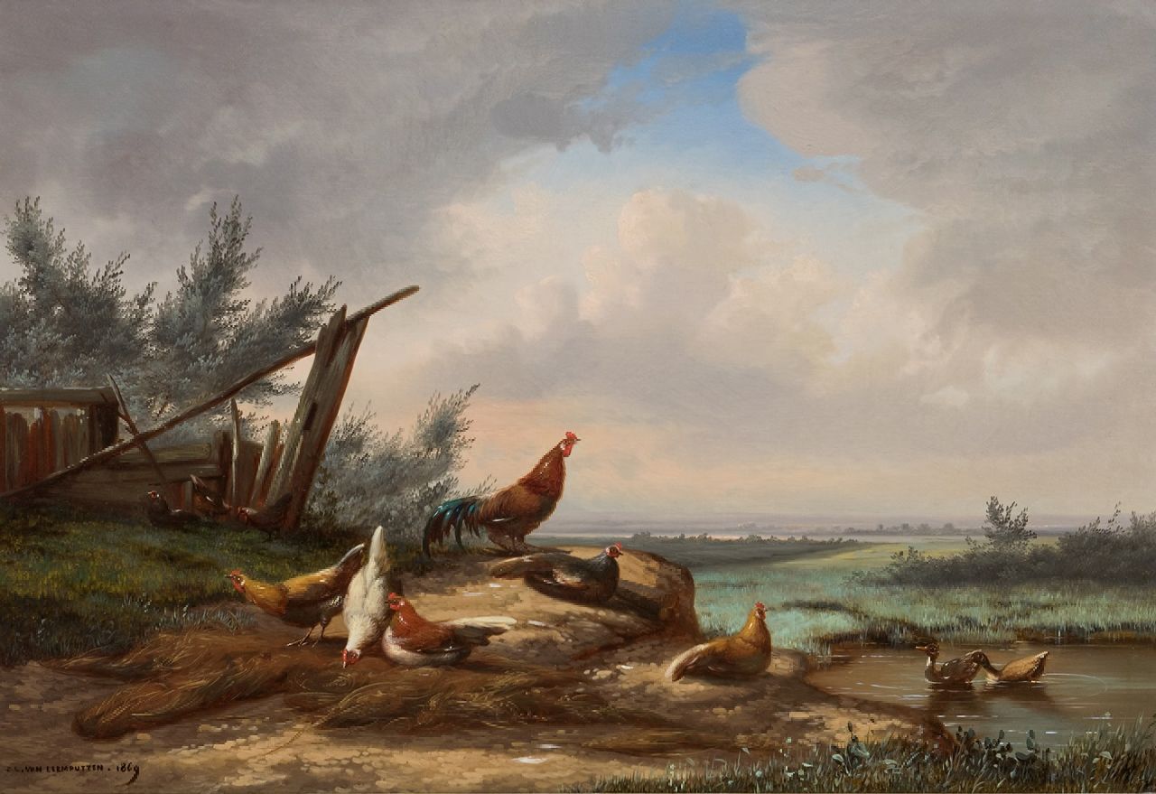 Leemputten J.L. van | Jean-Baptiste Leopold van Leemputten | Gemälde zum Verkauf angeboten | Hahn und Hennen bei einem Zaun, Öl auf Holz 33,0 x 48,2 cm, Unterzeichnet l.u. und datiert 1869