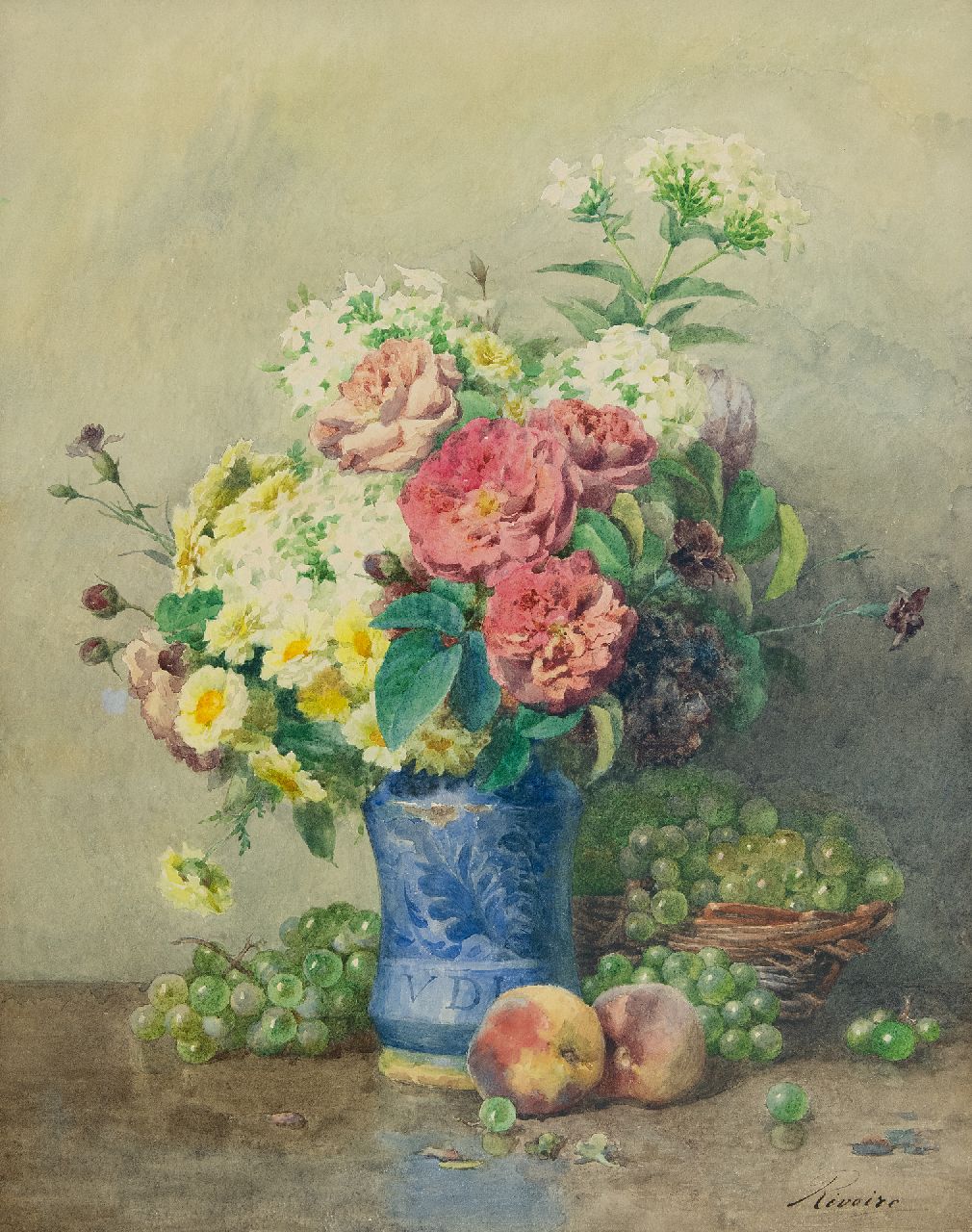 Rivoire F.  | François Rivoire | Aquarelle und Zeichnungen zum Verkauf angeboten | Stilleben mit Rosen, Phloxen und Obst, Aquarell auf Papier 58,4 x 46,4 cm, Unterzeichnet u.r.