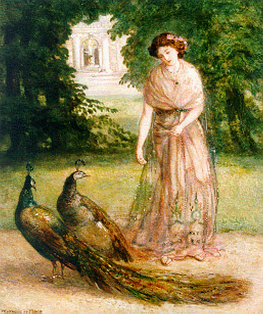 Moor P.C. de | Pieter Cornelis de Moor, An elegant lady feeding peacocks, Öl auf Leinwand 38,5 x 32,0 cm, signed l.l.