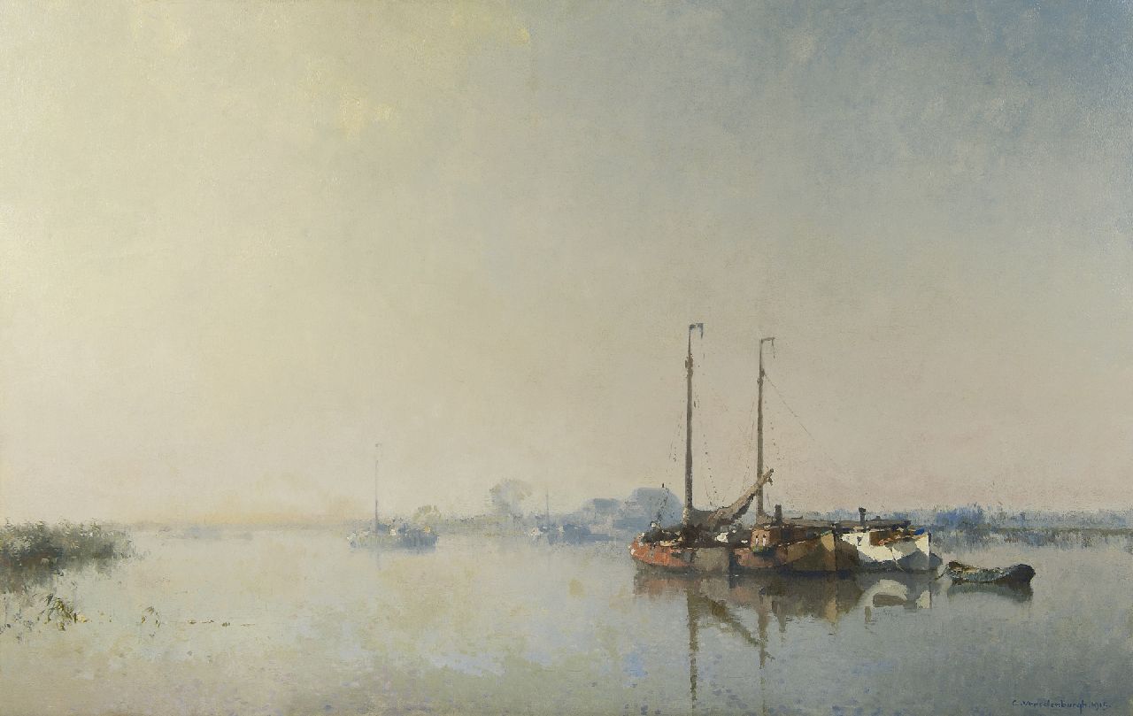 Vreedenburgh C.  | Cornelis Vreedenburgh, Moored vessels on a river, Öl auf Leinwand 81,8 x 129,3 cm, signed l.r. und dated 1915