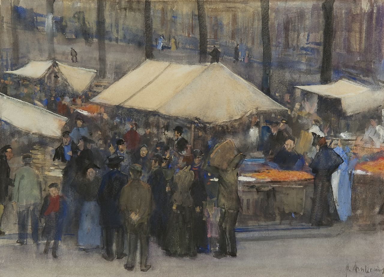 Arntzenius P.F.N.J.  | Pieter Florentius Nicolaas Jacobus 'Floris' Arntzenius | Aquarelle und Zeichnungen zum Verkauf angeboten | Markt an der Prinsegracht in Den Haag, Aquarell auf Papier 32,2 x 43,1 cm, Unterzeichnet r.u.