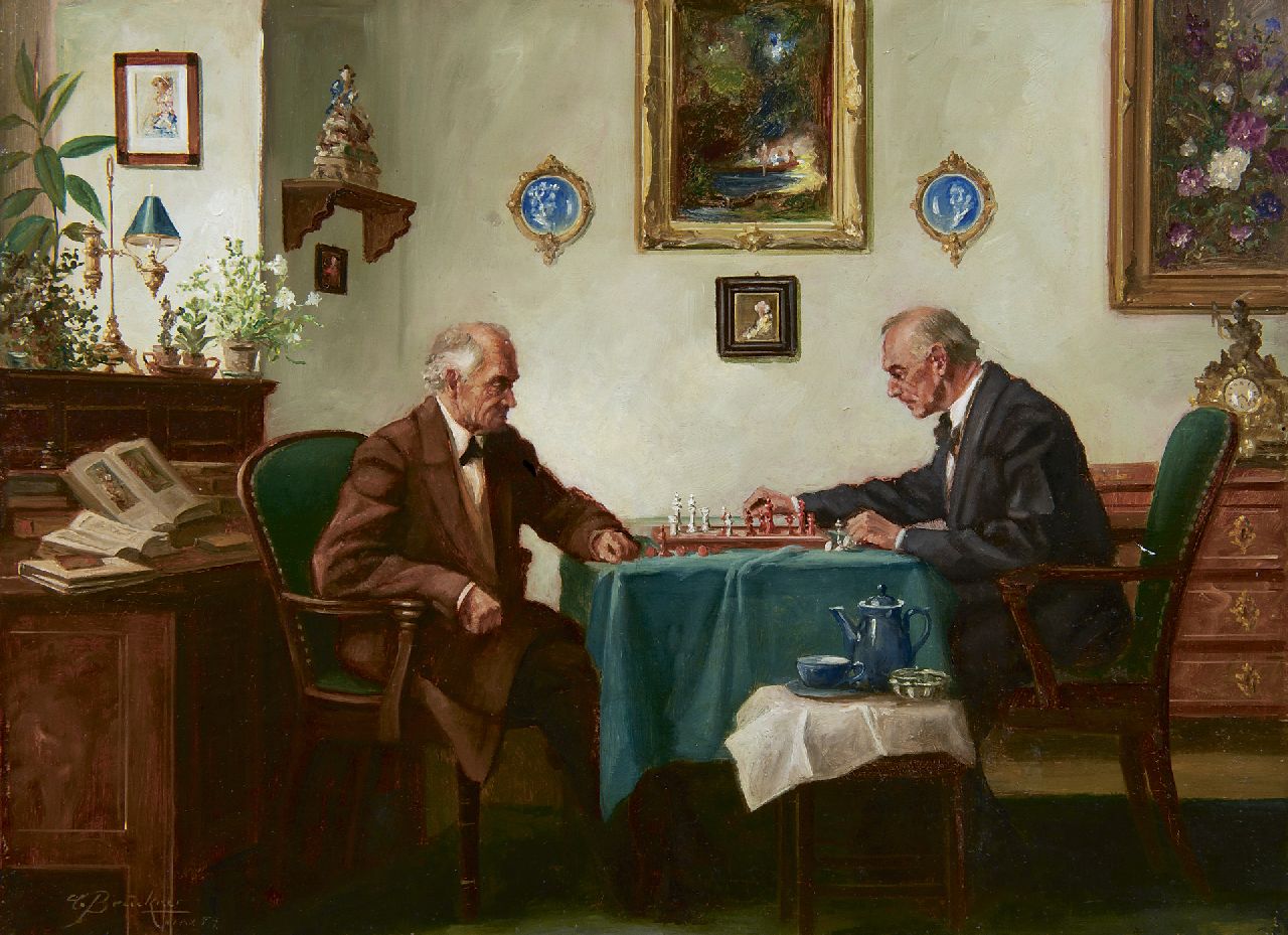 Brückner C.  | Curt Brückner, Die wöchentliche Schachpartie, Öl auf Malereifaser 30,0 x 40,0 cm, Unterzeichnet l.u. und datiert '54