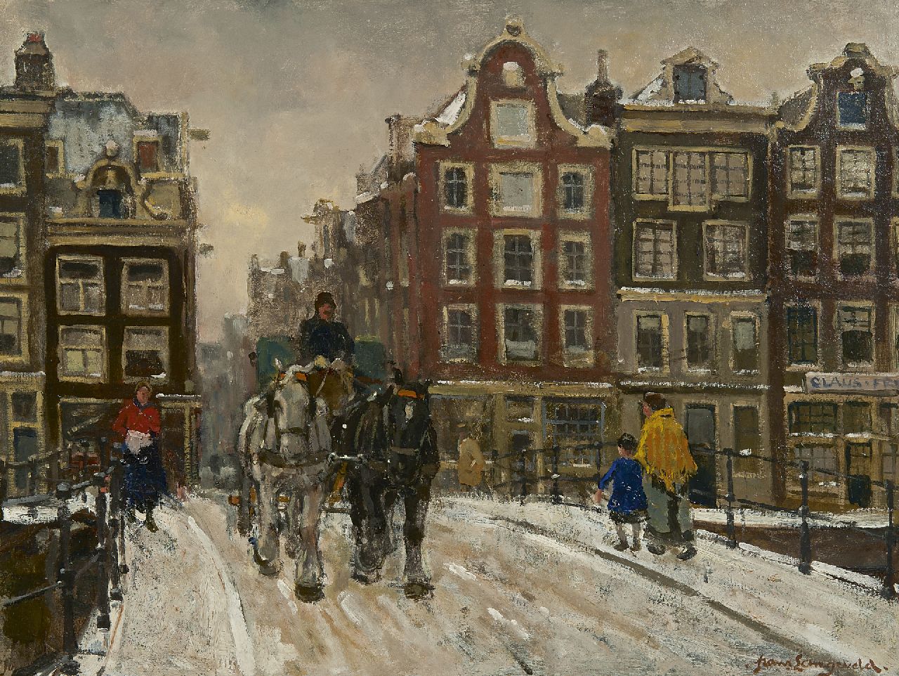 Langeveld F.A.  | Franciscus Arnoldus 'Frans' Langeveld, Horse and wagon on a snowy bridge, Amsterdam, Öl auf Leinwand 51,3 x 66,3 cm, signed l.r.
