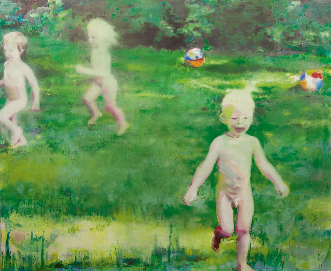 Katrin Hoffert | Ivan, Zara + Edgar (der Garten), Öl auf Leinwand, 145,5 x 175,1 cm, Unterzeichnet Im Verso und Im Verso datiert 2003