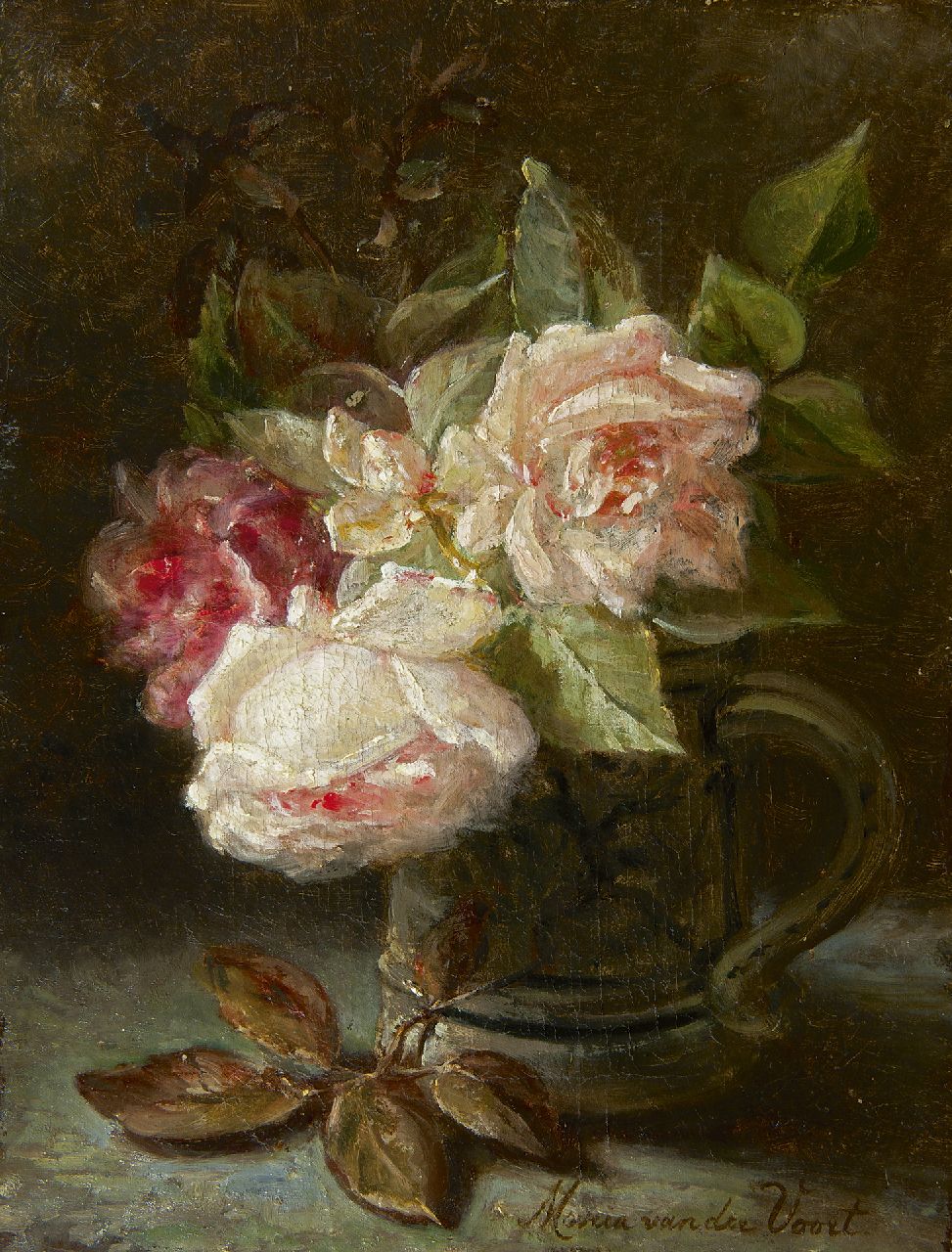 Voort in de Betouw-Nourney M. van der | Maria van der Voort in de Betouw-Nourney | Gemälde zum Verkauf angeboten | Rosen, Öl auf Leinwand 35,4 x 26,8 cm, Unterzeichnet r.u.