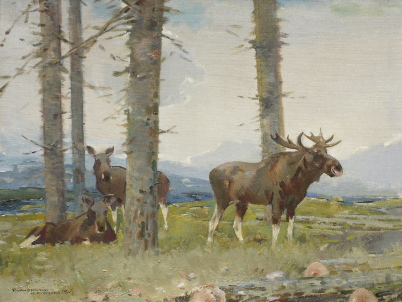 Hem P. van der | Pieter 'Piet' van der Hem, Elks near Alkvettern, Zweden, Öl auf Leinwand 60,5 x 80,5 cm, signed l.l.