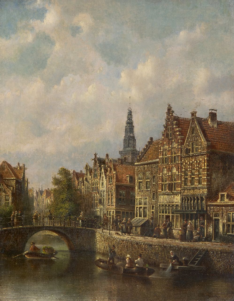 Spohler J.F.  | Johannes Franciscus Spohler | Gemälde zum Verkauf angeboten | Holländische Stadtansicht mit der Oude Kerk of Amsterdam, Öl auf Leinwand 44,0 x 34,9 cm, Unterzeichnet l.u.