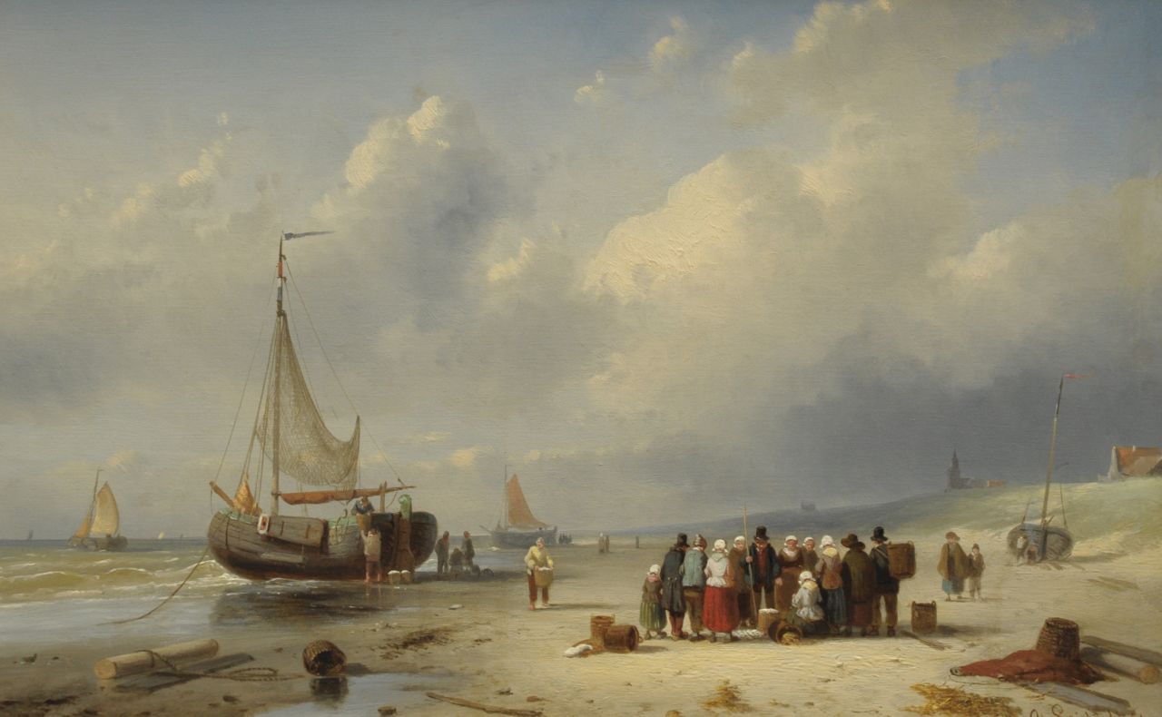 Leickert C.H.J.  | 'Charles' Henri Joseph Leickert, The beach of Scheveningen with barges and fishermen, Öl auf Holz 25,8 x 39,4 cm, signed l.r. und dated '61