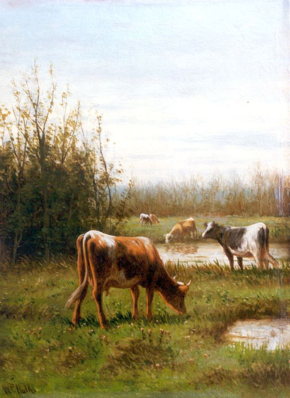 Hulk W.F.  | Willem Frederik Hulk, Cows in a meadow, Öl auf Holz 20,2 x 15,2 cm, signed l.l.