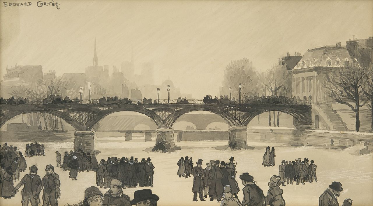 Cortes E.  | Edouard Cortes | Aquarelle und Zeichnungen zum Verkauf angeboten | Schlittschuhläufer auf der Seine, Paris, Tinte auf Papier 17,1 x 30,8 cm, Unterzeichnet l.o.