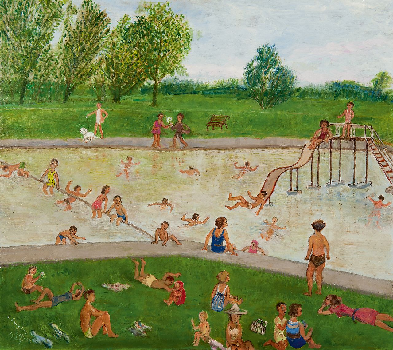 Swijser-'t Hart C.C.M.  | Catharina 'Christina' Maria Swijser-'t Hart, Schwimmbad im Sommer, Öl auf Holzfaser 48,8 x 54,4 cm, Unterzeichnet l.u. und datiert 1964