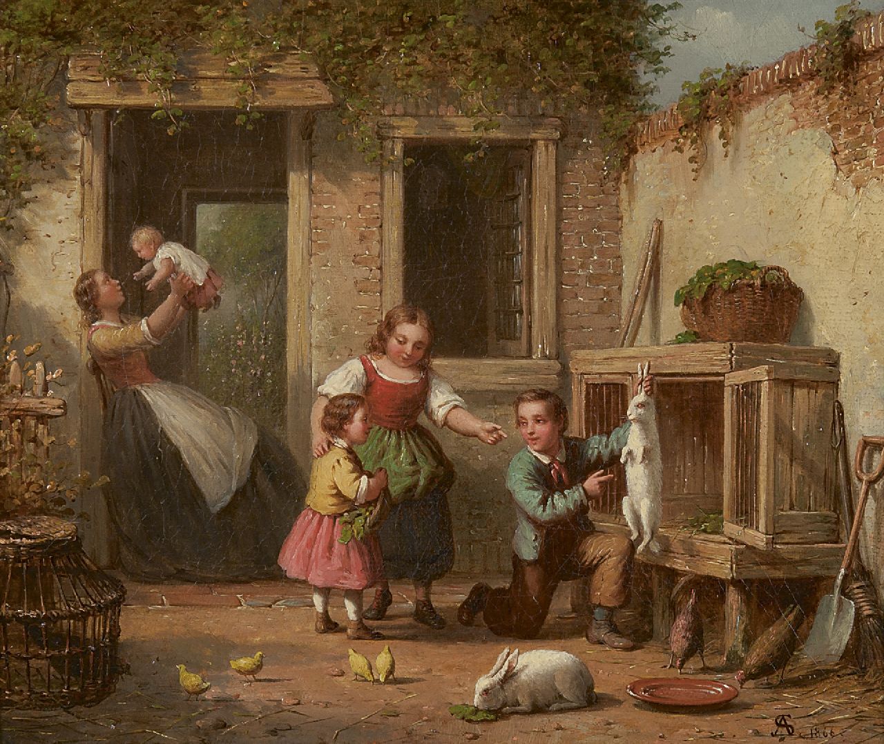 Scheerboom A.  | Andries Scheerboom | Gemälde zum Verkauf angeboten | Spielen mit dem Kaninchen, Öl auf Leinwand 25,8 x 30,8 cm, Unterzeichnet r.u. mit Monogramm und datiert 1866
