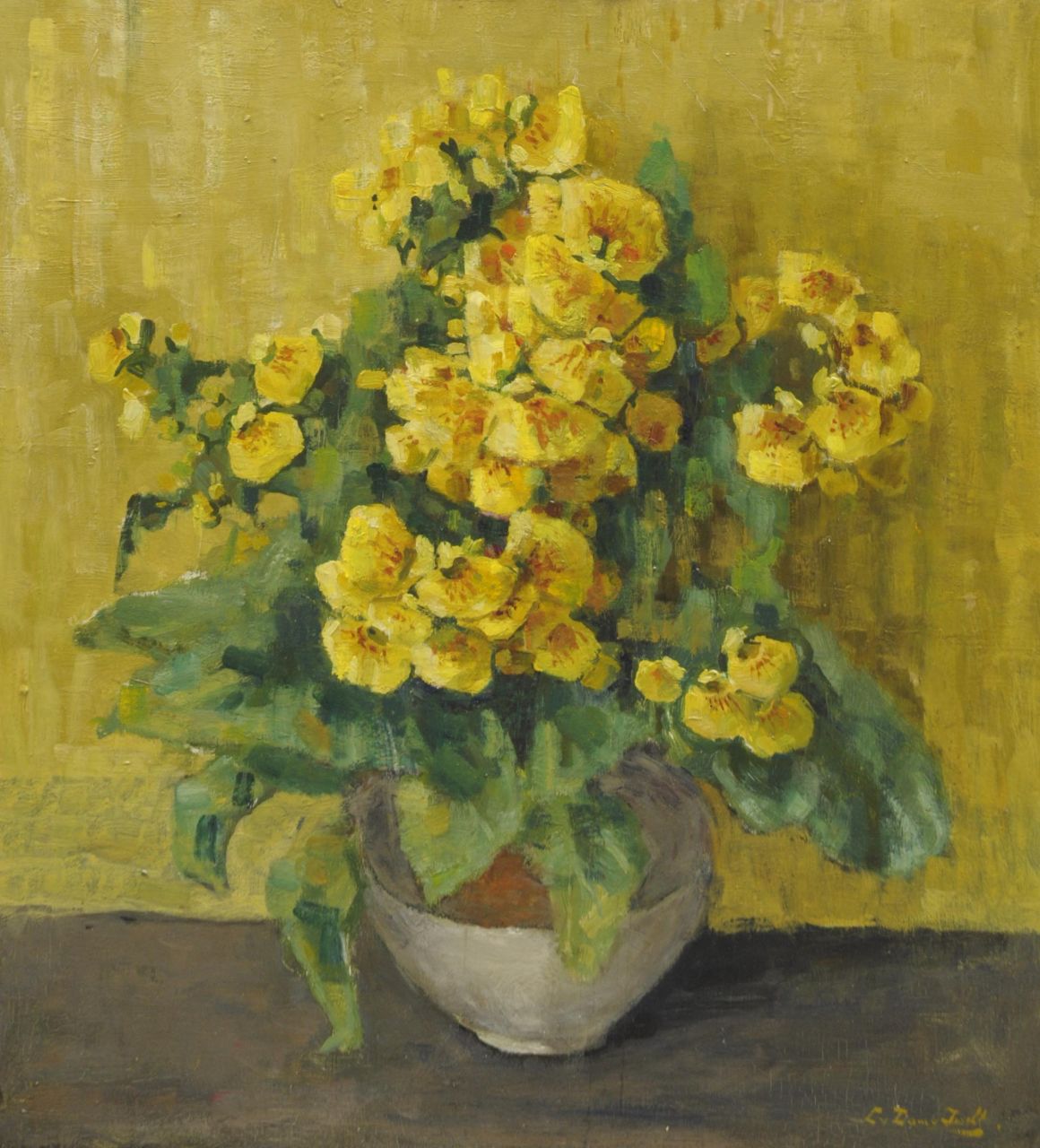 Dam van Isselt L. van | Lucie van Dam van Isselt, Irdener Topf mit Pantoffelblume, Öl auf Holz 54,8 x 49,8 cm, Unterzeichnet r.u.