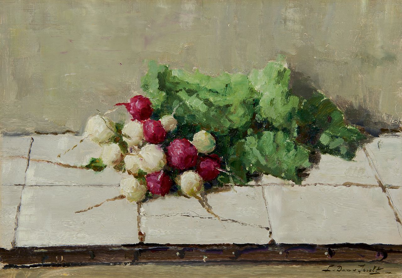 Dam van Isselt L. van | Lucie van Dam van Isselt, Radish  Voorbeeldgebruik van '':automatisch vertaald door GoogleNederlandsEngelsArabischAlpha  Bunch radishes on tiles, Öl auf Holz 31,7 x 46,1 cm, signed l.r.