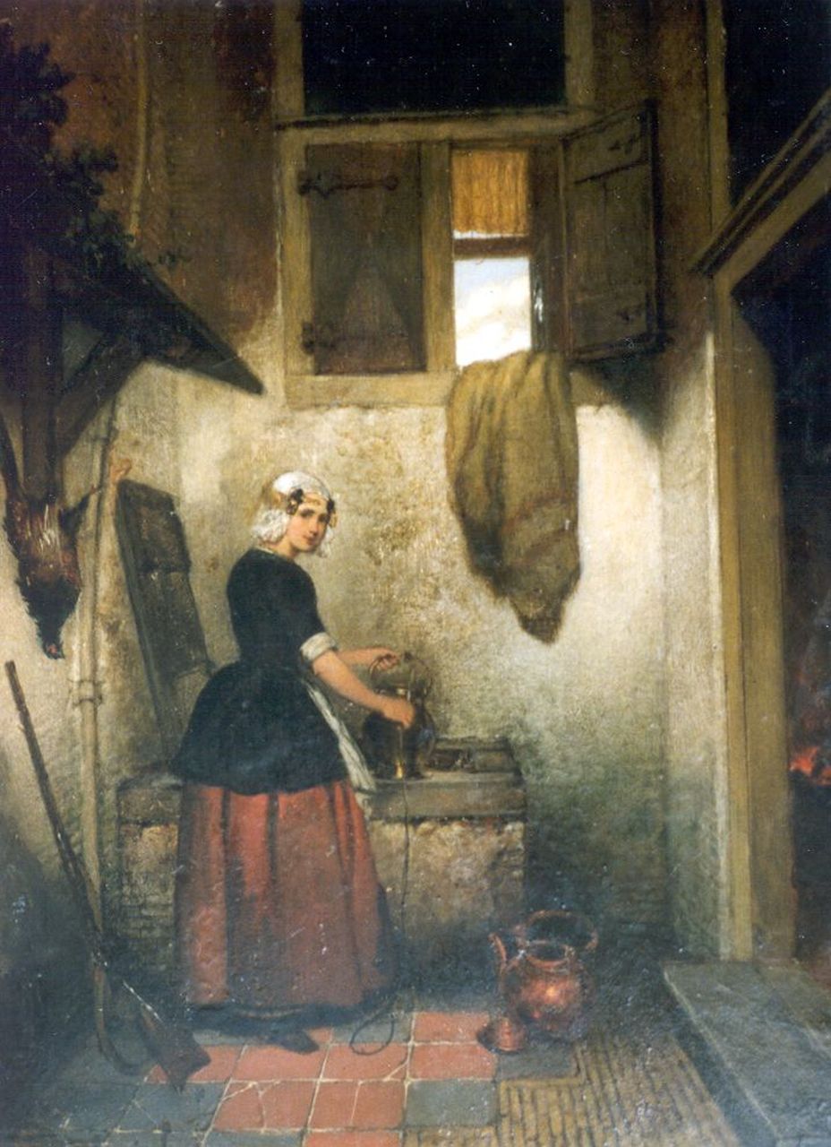 Hove H. van | Hubertus 'Huib' van Hove, Girl by a pump, Öl auf Holz 31,6 x 23,7 cm