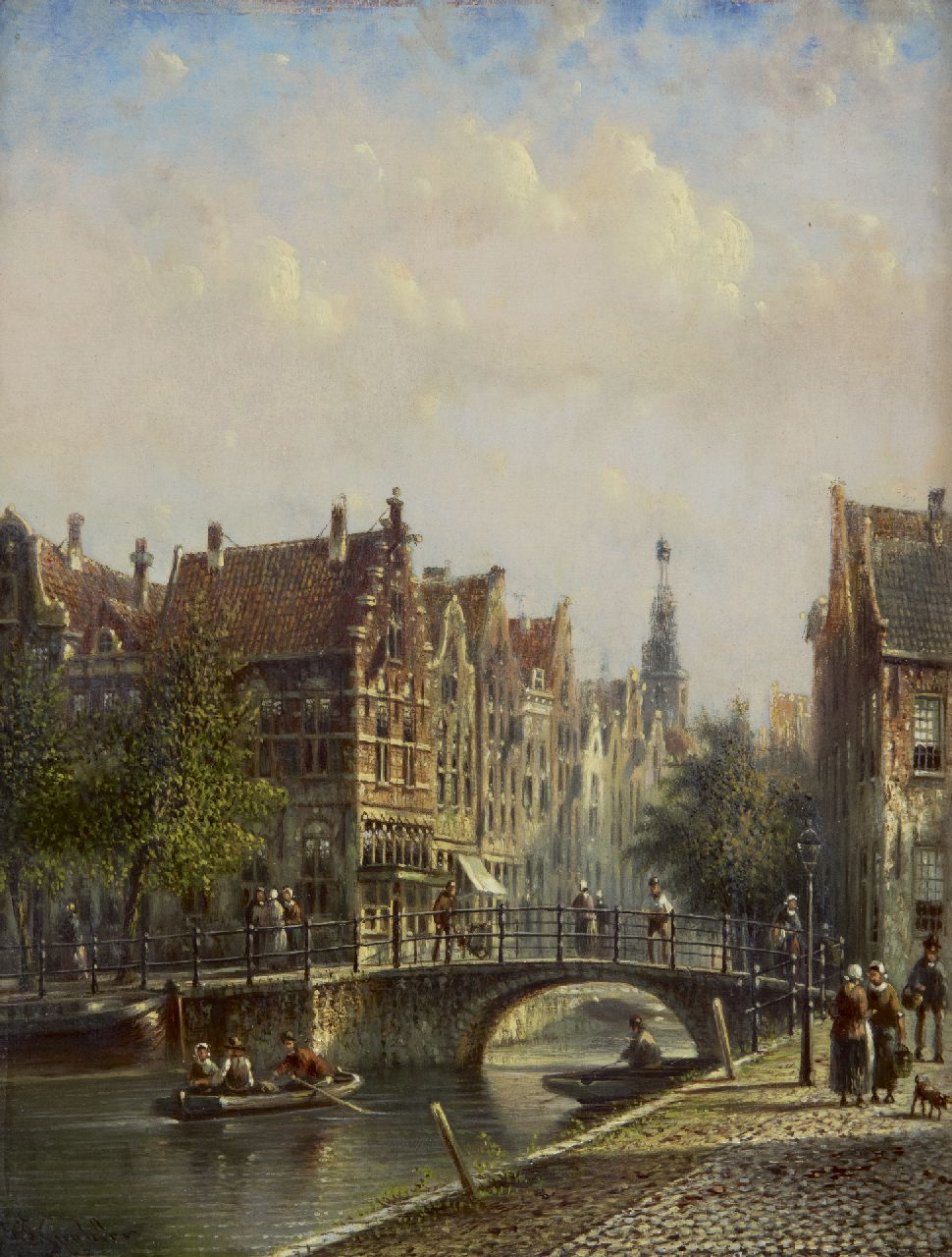Spohler J.F.  | Johannes Franciscus Spohler, Stadtkanal mit der Westertoren von Amsterdam, Öl auf Holz 20,4 x 16,0 cm, Unterzeichnet l.u.
