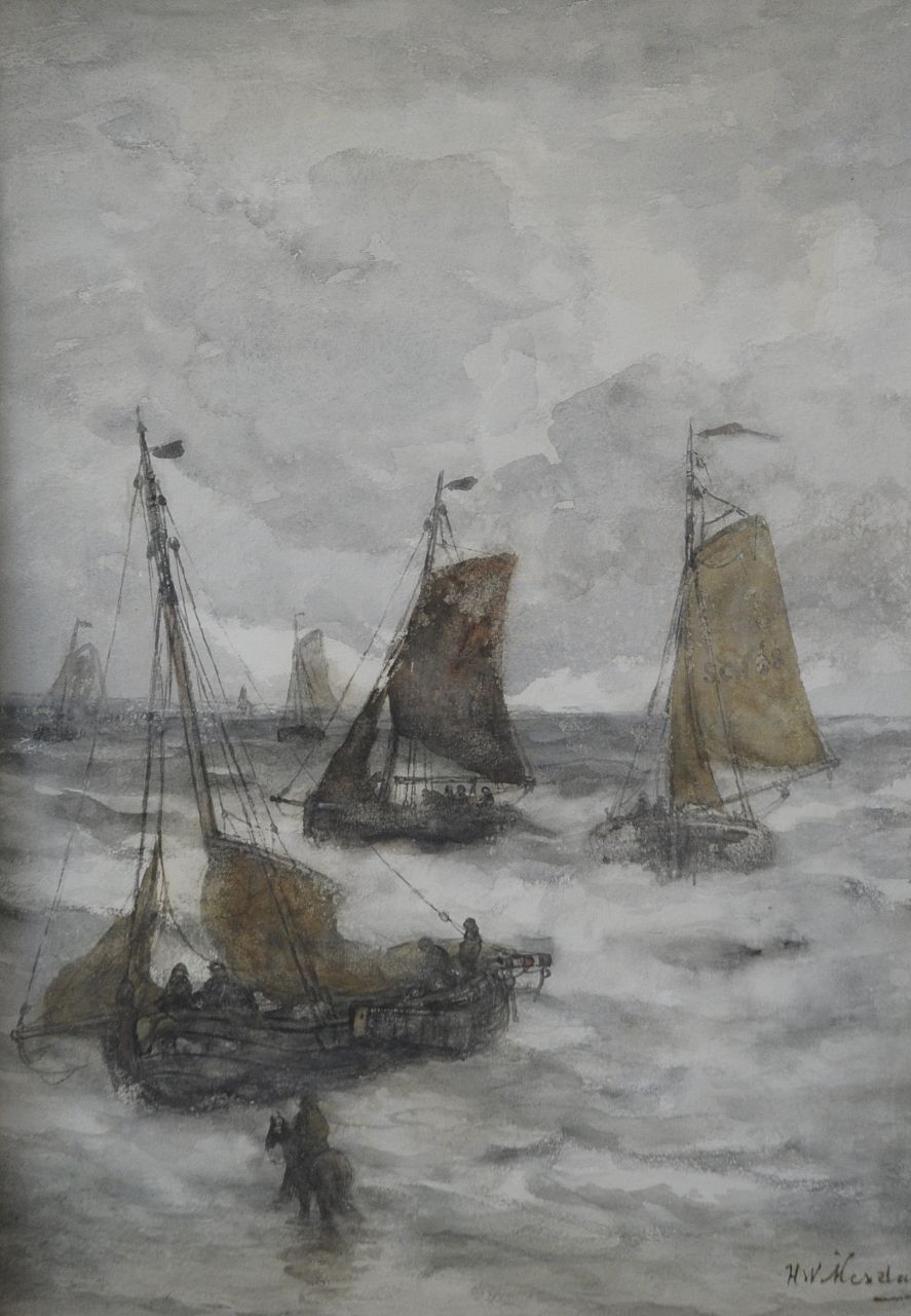 Mesdag H.W.  | Hendrik Willem Mesdag, Arrival of the fishing fleet, Aquarell auf Papier 52,0 x 36,5 cm, signed l.r.