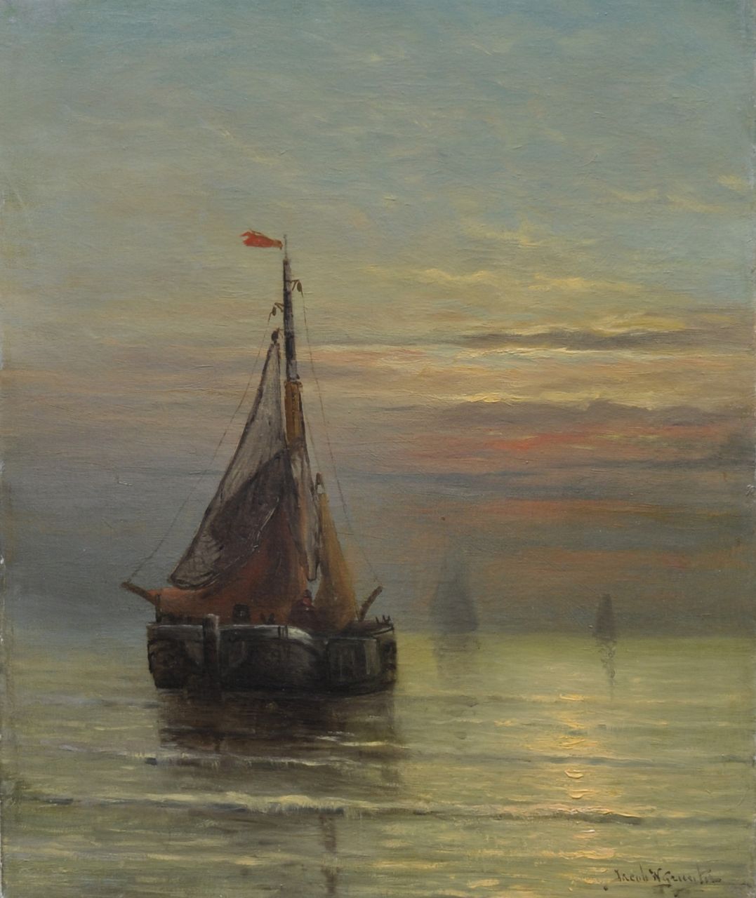 Gruijter J.W.  | Jacob Willem Gruijter, Fischerboote vor der holländischen Küste bei Sonnenuntergang, Öl auf Leinwand 50,0 x 40,0 cm, Unterzeichnet u.r.