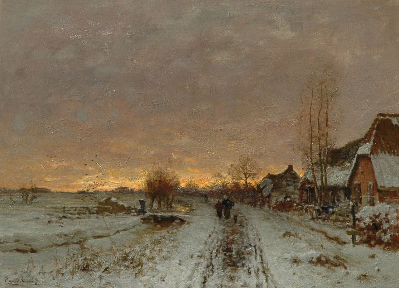 Apol L.F.H.  | Lodewijk Franciscus Hendrik 'Louis' Apol, Snowy village path at sunset, Öl auf Leinwand 49,2 x 66,8 cm, signed l.l.