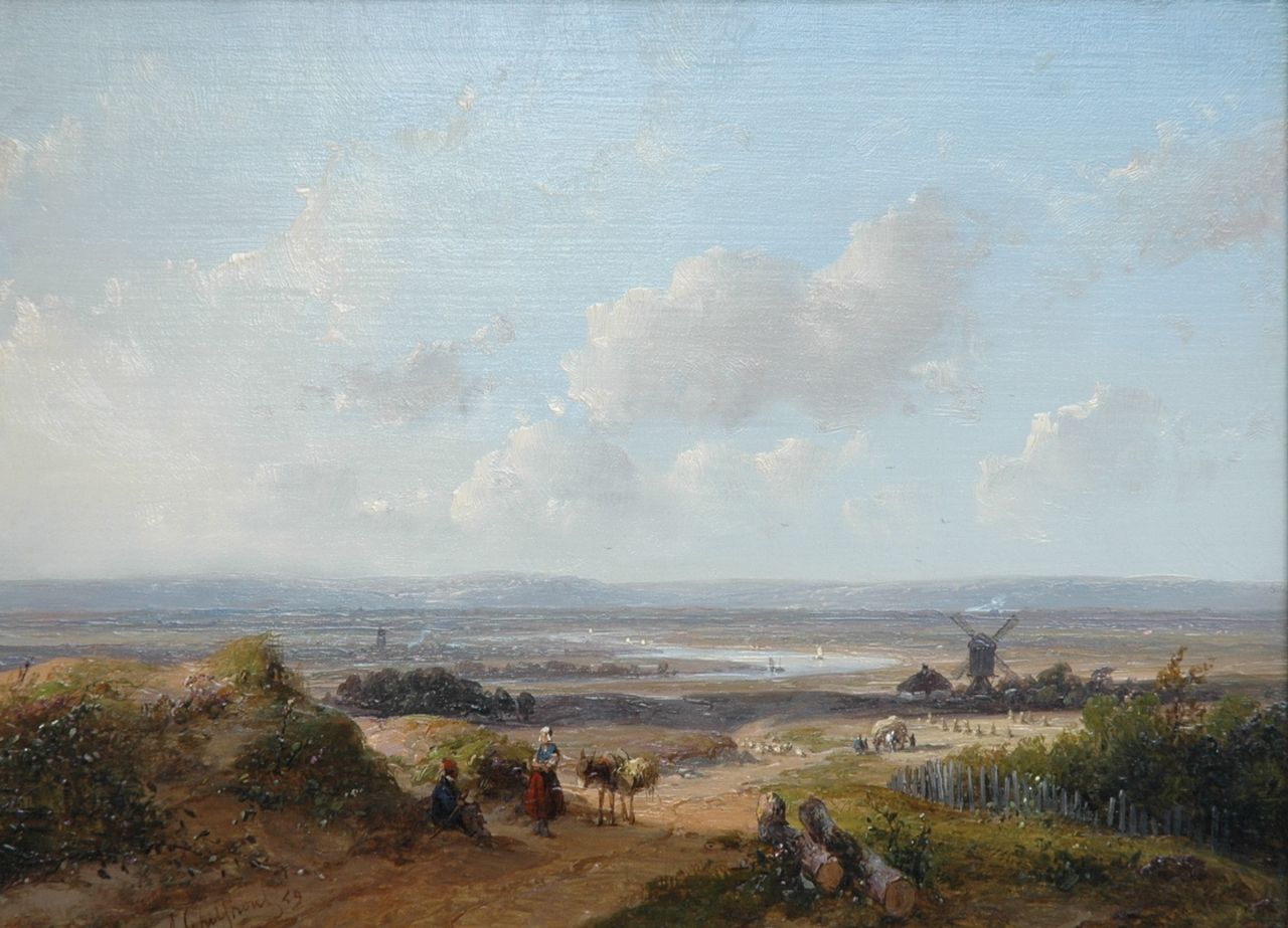 Schelfhout A.  | Andreas Schelfhout, A panoramic river landscape, Öl auf Holz 21,6 x 29,2 cm, signed l.l. und dated '59