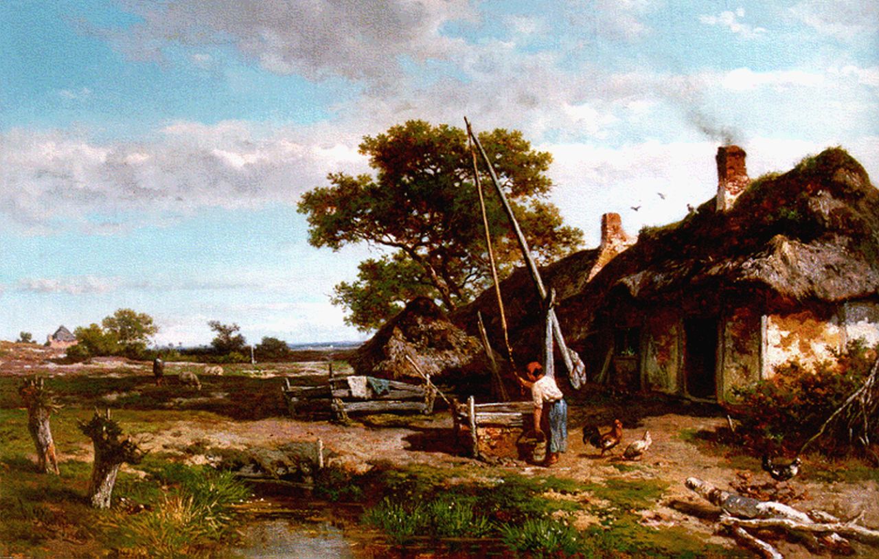 Roelofs W.  | Willem Roelofs, A yard with a well, Öl auf Leinwand auf Holz 42,5 x 66,0 cm, signed l.l. und dated 1855