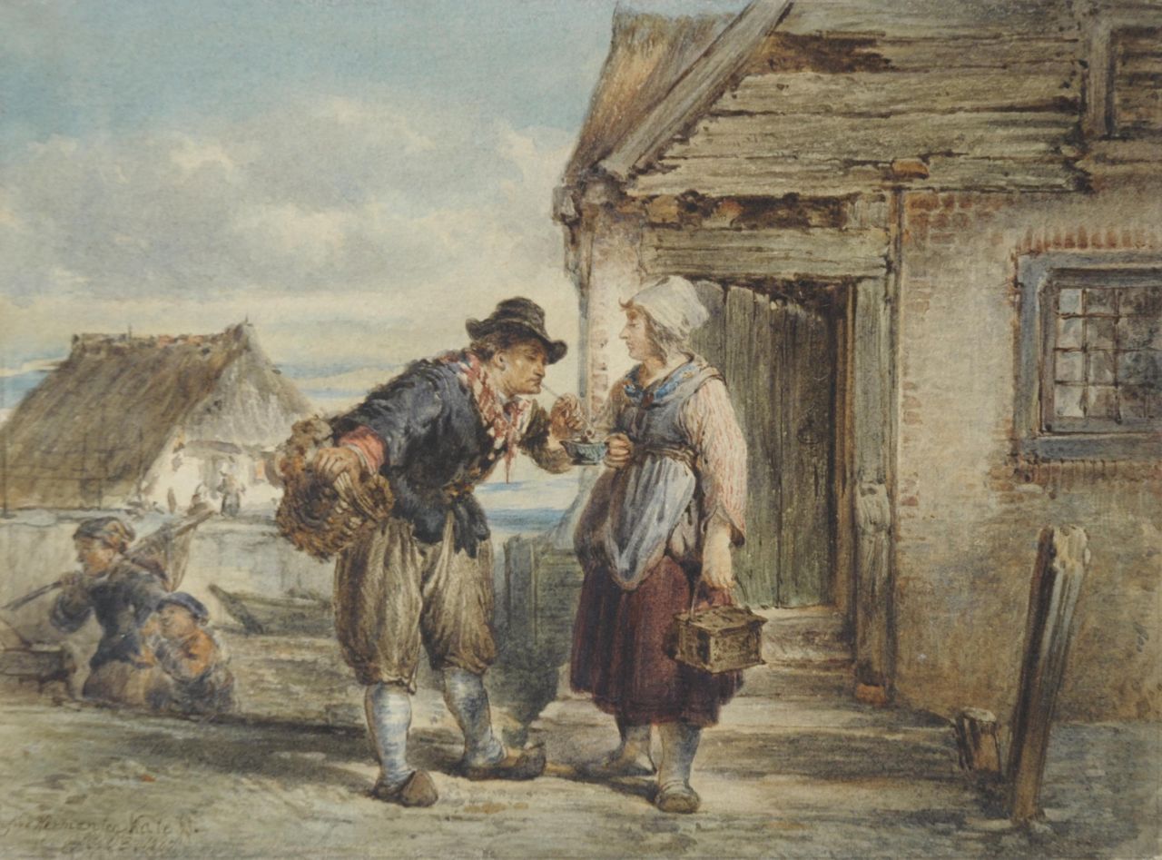 Kate H.F.C. ten | 'Herman' Frederik Carel ten Kate, Fisherman's couple on the island Marken, Aquarell auf Papier 14,0 x 19,0 cm, signed l.l. und dated 1867