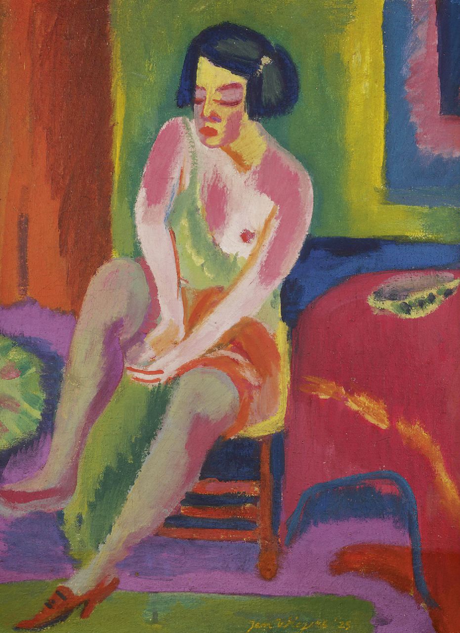 Wiegers J.  | Jan Wiegers, Sitzender weiblicher Akt, Wachsfarbe auf Leinwand 70,4 x 55,4 cm, Unterzeichnet M.u. und datiert '25