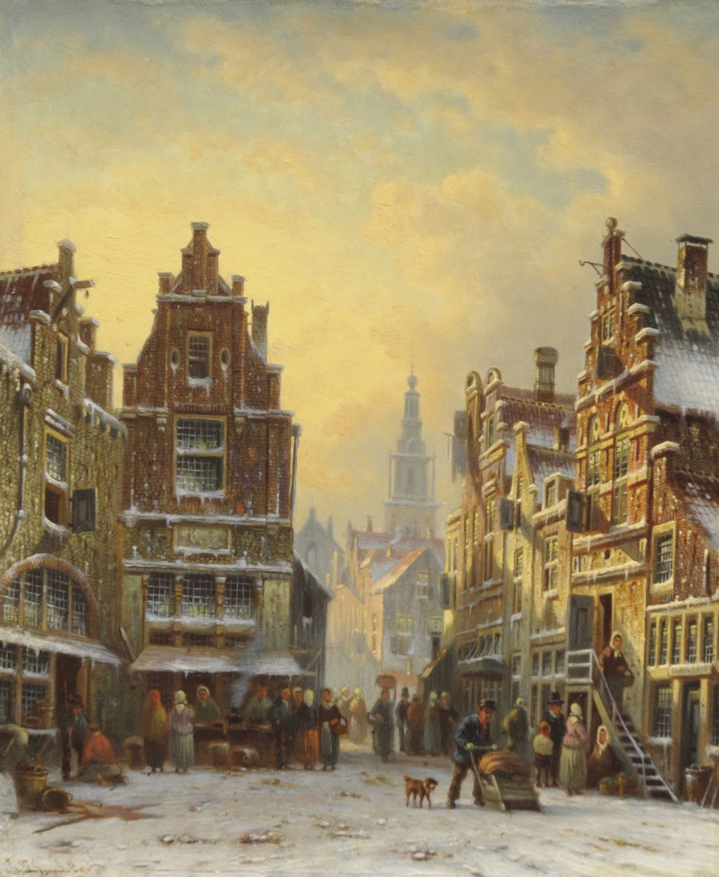 Spohler J.F.  | Johannes Franciscus Spohler, A snowy town view with the Amsterdam Zuiderkerk tower, Öl auf Holz 26,2 x 21,5 cm, signed l.l.