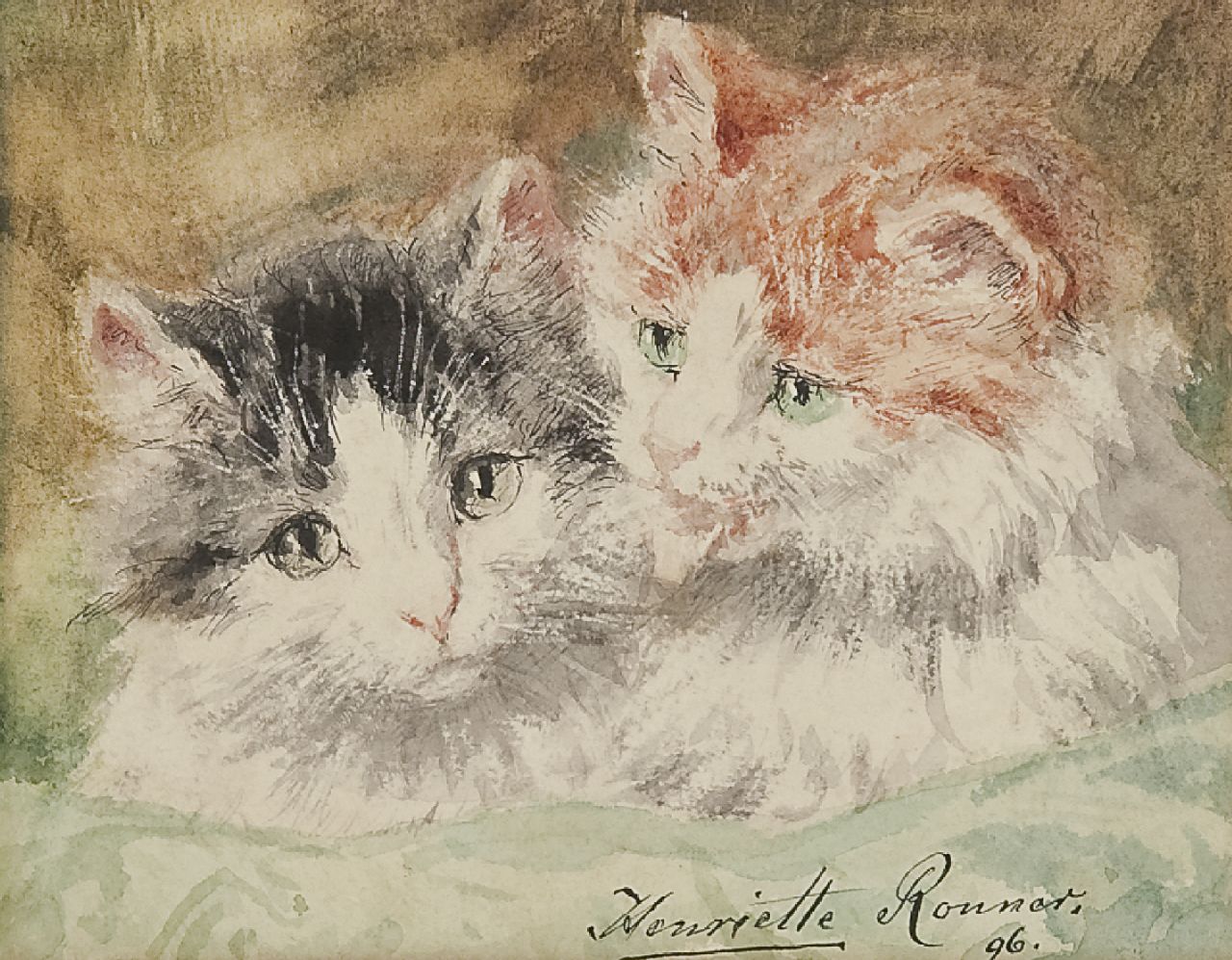 Ronner-Knip H.  | Henriette Ronner-Knip, Two kittens, Aquarell auf Papier 12,2 x 15,3 cm, signed l.r. und dated '96