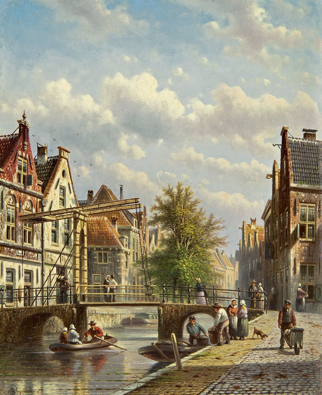 Spohler J.F.  | Johannes Franciscus Spohler, Figures alongside a Dutch canal, Öl auf Holz 26,3 x 21,3 cm, signed l.l.