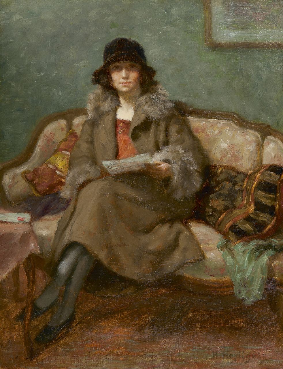Heijligers H.  | Hendrik 'Henri' Heijligers, Frau beim Lesen auf einem Sofa, Öl auf Leinwand 45,1 x 35,5 cm, Unterzeichnet r.u.