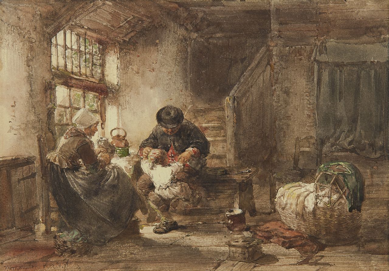 Kate H.F.C. ten | 'Herman' Frederik Carel ten Kate, The happy family at Marken, Aquarell auf Papier 20,2 x 28,9 cm, signed l.l.