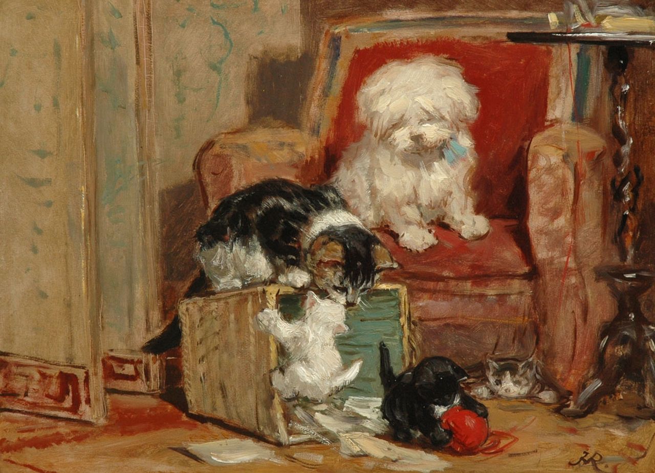 Ronner-Knip H.  | Henriette Ronner-Knip, Kittens at play, Öl auf Holz 27,2 x 36,7 cm, signed l.r. with monogram