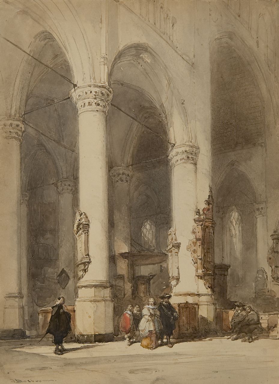 Bosboom J.  | Johannes Bosboom, Innenraum der Hooglandsche Kerk, Leiden, Tinte und Aquarell auf Papier 26,7 x 19,5 cm, Unterzeichnet l.u.