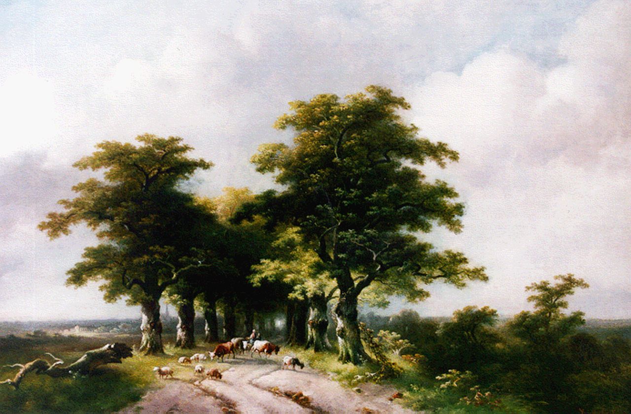 Eijcken sr. Ch. van der | Charles 'Karel' van der Eijcken sr., Figures and cattle on a country road, Öl auf Holz 35,3 x 50,3 cm, signed l.l.