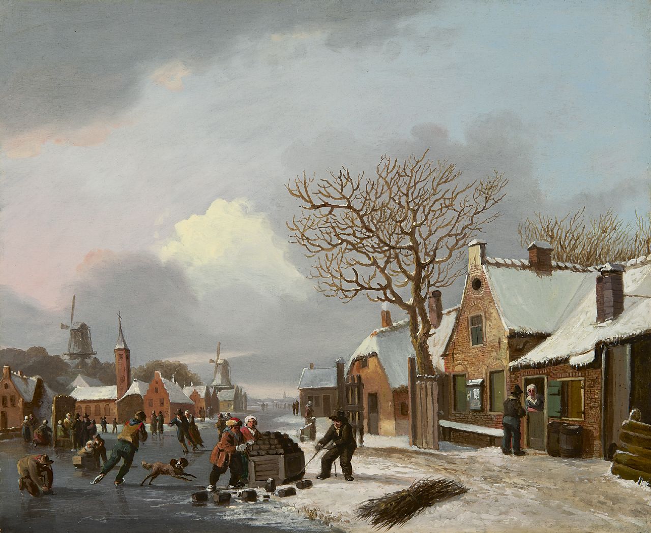 Stok J. van der | Jacobus van der Stok, Winterlandschaft mit Schlittschuhläufern, Öl auf Holz 32,1 x 38,9 cm