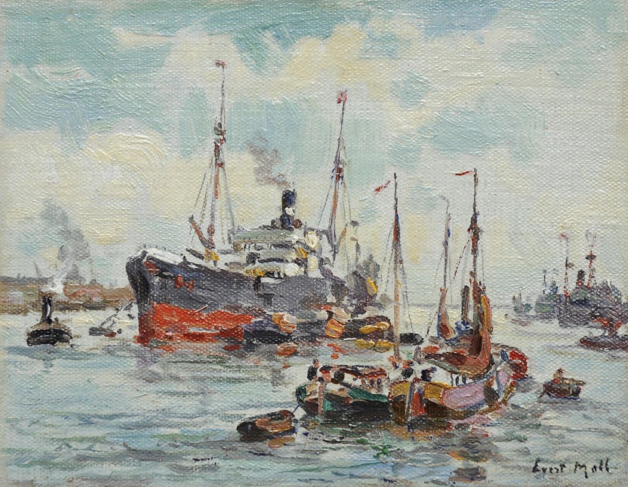 Moll E.  | Evert Moll, Der Rotterdamer Hafen, Öl auf Leinwand auf Holz 11,2 x 14,3 cm, Unterzeichnet r.u.