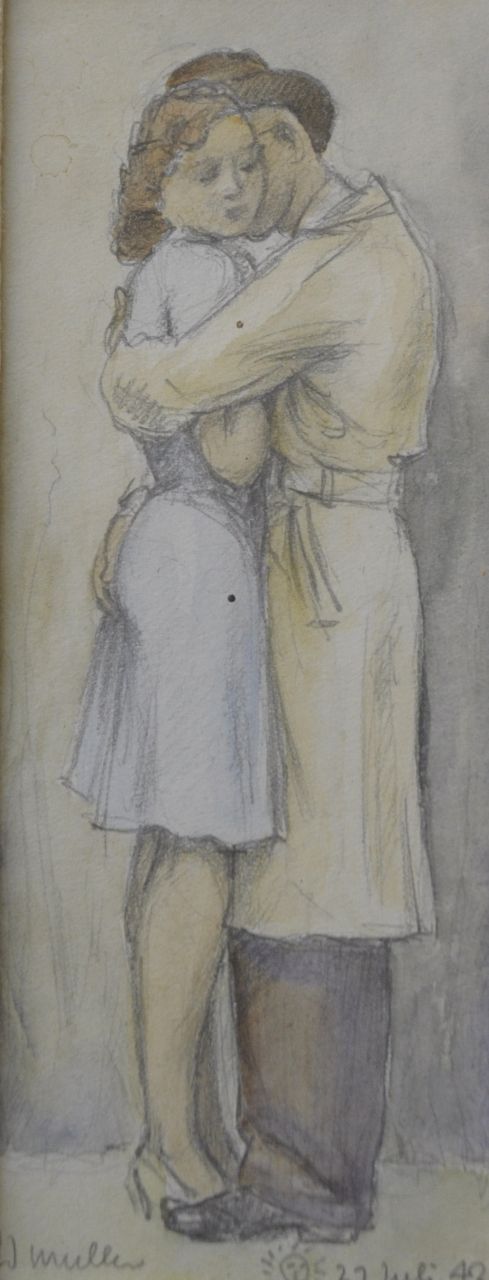 Evert Jan Muller | Embrace, Bleistift und Aquarell auf Papier, 16,5 x 6,5 cm, signed l.l. und dated 27 July '42