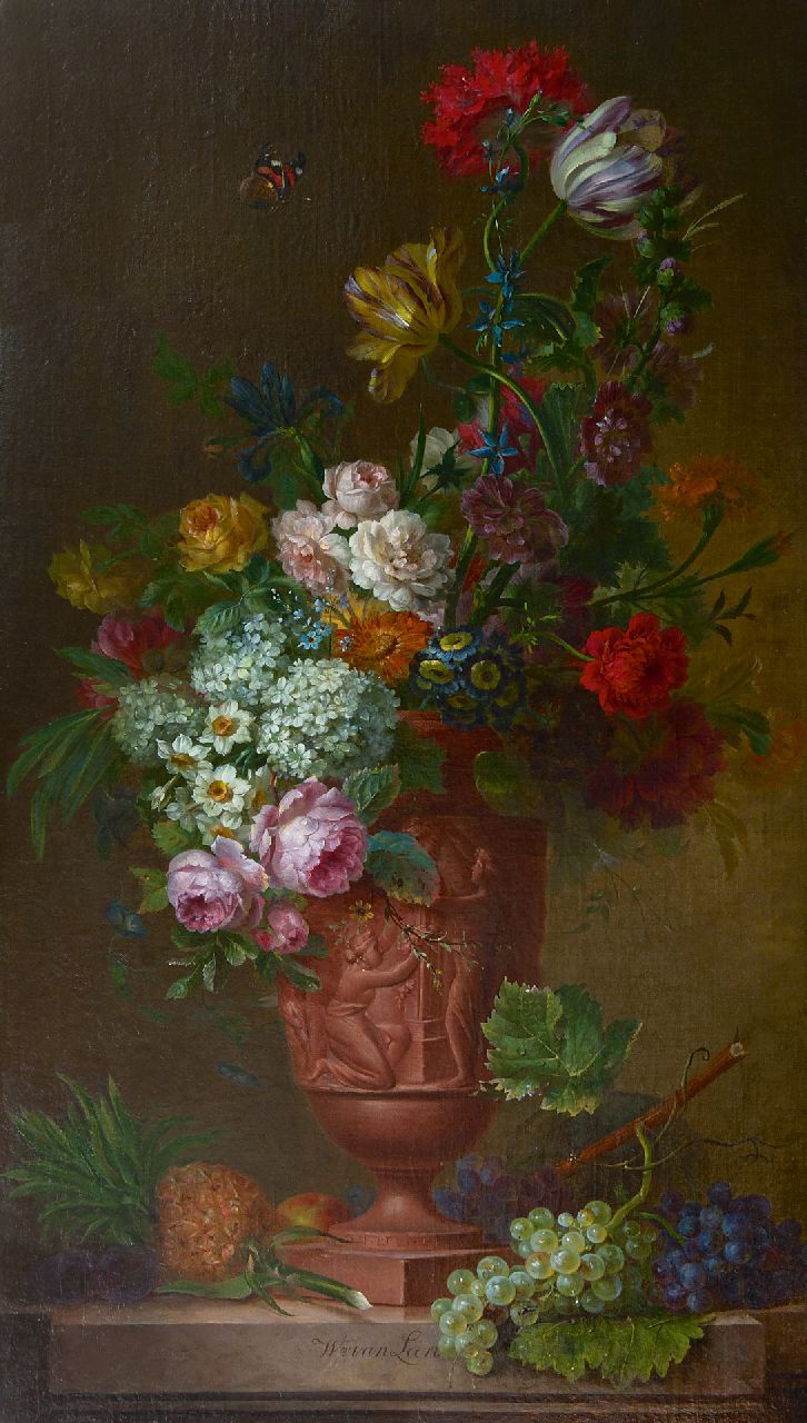 Leen W. van | Willem van Leen | Gemälde zum Verkauf angeboten | Prunkstilleben mit Blumen und Früchten, Öl auf Leinwand 130,5 x 75,2 cm, Unterzeichnet M.u.