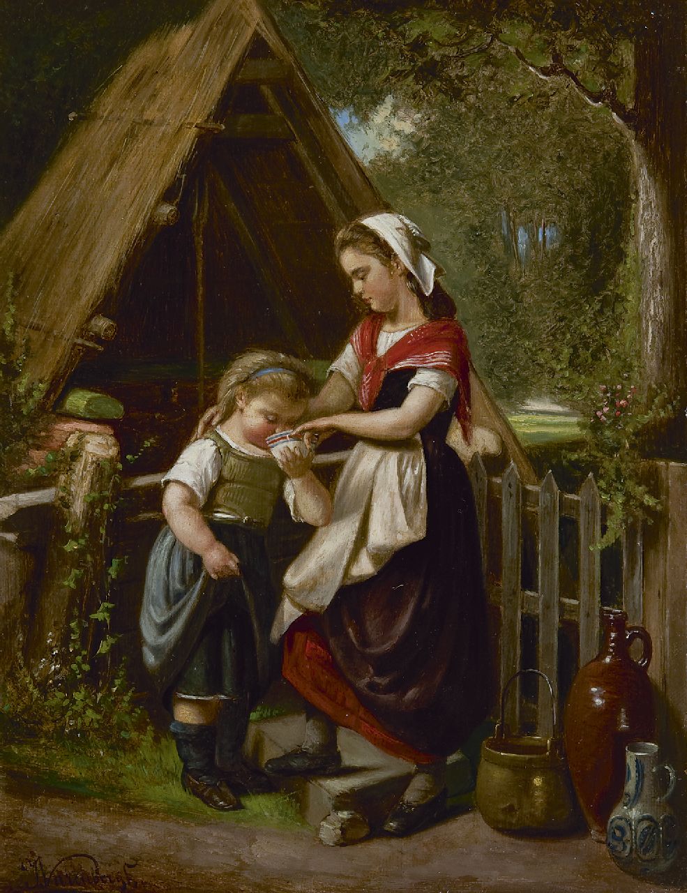 Varenbergh J.  | Jan Varenbergh, Kinder beim Milchhäuschen, Öl auf Holz 30,9 x 23,6 cm, Unterzeichnet u.l.