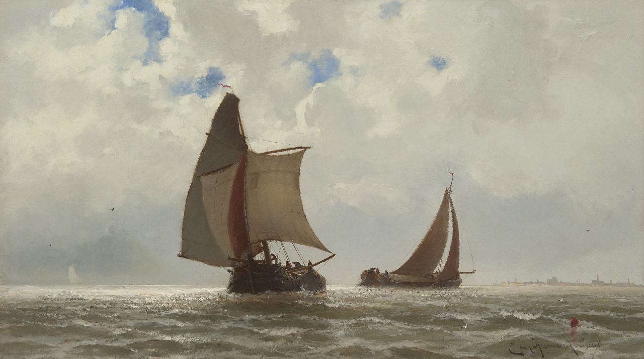 Heemskerck van Beest J.E. van | Jacob Eduard van Heemskerck van Beest, Lastsegelschiffe auf der Zuiderzee, Öl auf Holz 42,0 x 74,9 cm, Unterzeichnet r.u.
